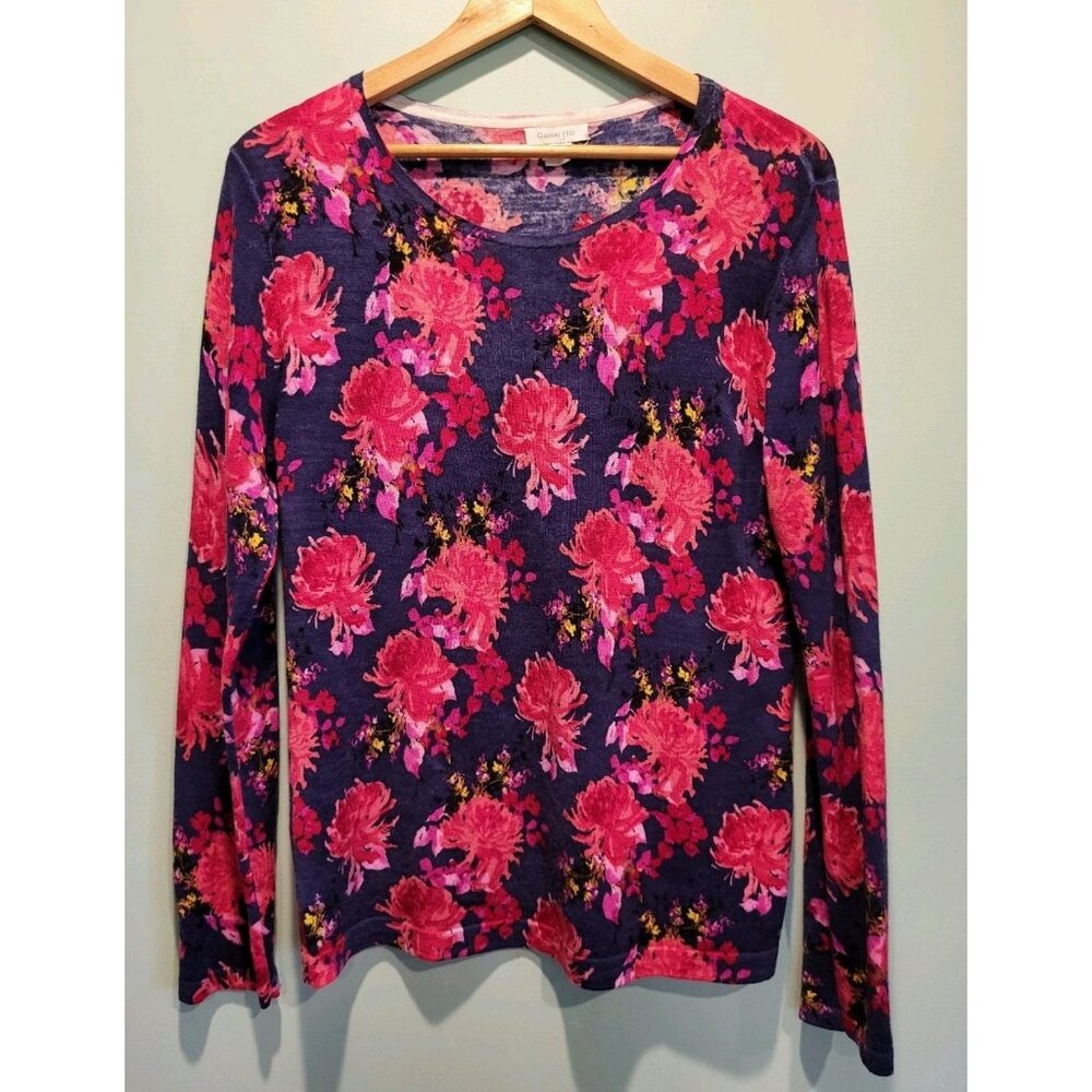 Garnet Hill Pink Floral 100% Merino Wool Lightweight Pullover Sweater Sz L